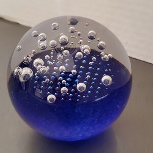 Art Glass Blown Sommerso Bullicante Cobalt Blue Clear Paperweight Polished 3"